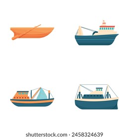 Iconos de arrastre conjunto de dibujos animados Vector. Barco de pesca comercial. Transporte marítimo o fluvial