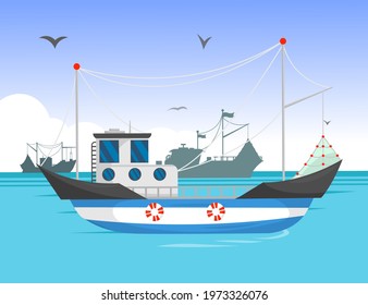 Trawler sailing in daylight cartoon illustration. Commercial fishing boat on water, silhouettes of ships in background, birds flying in sky. Vintage ships, sea or ocean transportation concept