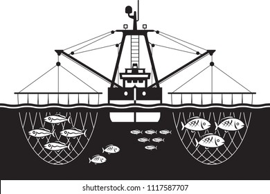 Trawler ship catch fishes in the sea - vector illustration