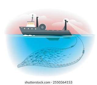 Trawling fishing vessel. Seafood industry boat isolated vector illustration