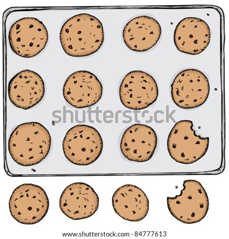 Tray of 12 chocolate chip cookies on metal tray with 4 off the tray