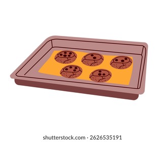 Tray of baked chocolate chip cookies. Home bakery. For banner, poster, infographic, social media, invitation