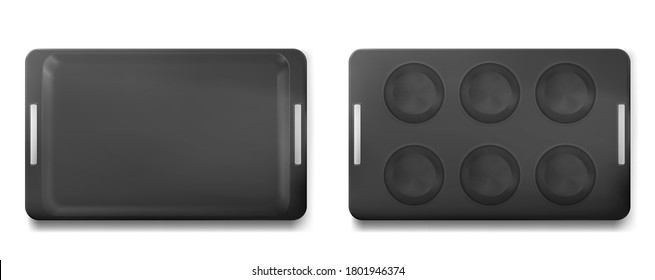 Tray for baking muffins top and bottom view, empty tin pan, isolated cupcakes form. Kitchen utensil for oven, metal dish with round holes for row dough, bake cooking, Realistic 3d vector illustration