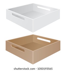 Tray box with grab handles. White and brown. Vector 3d illustration isolated on white background
