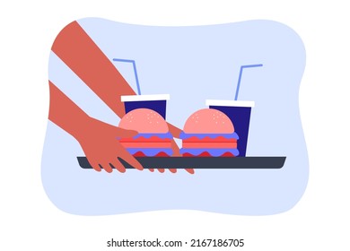 Bandeja con hamburguesas y bebidas en la ilustración vectorial de mano plana. Persona comprando comida rápida y bebidas carbonatadas. Comida chatarra, concepto de estilo de vida no saludable para banner, diseño de sitios web o página web de inicio