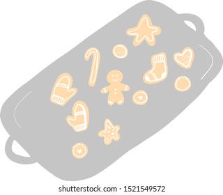 Tray with Christmas cookies. Set of ginger cookies. Vector illustration.