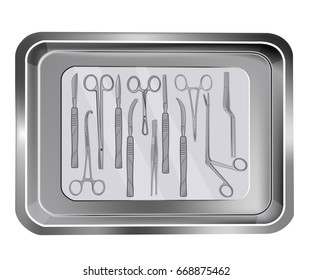 Tray with clamps, tweezers, scalpels and scissors. Set of medical tools vector illustration. Instruments of surgeon on the tray.