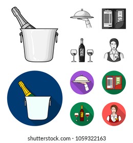 A tray with a cloth, check and cash, a bottle of wine and glasses, a waitress with a badge. Restaurant set collection icons in monochrome,flat style vector symbol stock illustration web.