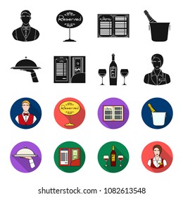 A tray with a cloth, check and cash, a bottle of wine and glasses, a waitress with a badge. Restaurant set collection icons in black,flet style vector symbol stock illustration web.