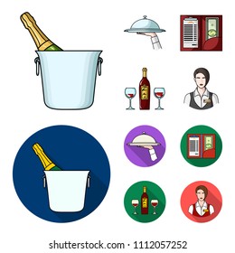 A tray with a cloth, check and cash, a bottle of wine and glasses, a waitress with a badge. Restaurant set collection icons in cartoon,flat style vector symbol stock illustration web.