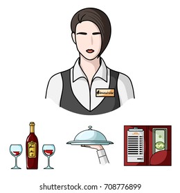 A tray with a cloth, check and cash, a bottle of wine and glasses, a waitress with a badge. Restaurant set collection icons in cartoon style vector symbol stock illustration web.