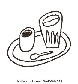 Tray with coffee cup and water glass, hand drawn doodle, vector illustration isolated on white background. Outline sketch style with grunge vintage texture. Cafe concept.