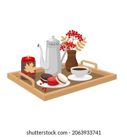 Tray, Coffee Pot, Cup, Macaroons, Candle, Rowan Bouquet. Vector Clipart, Isolated, White Background.