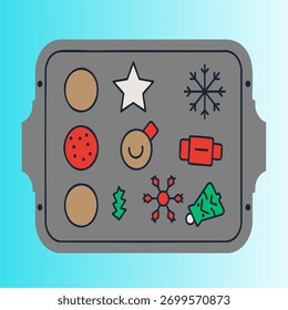 Tray of colorful Christmas cookies shaped like stars, trees, and hearts.
