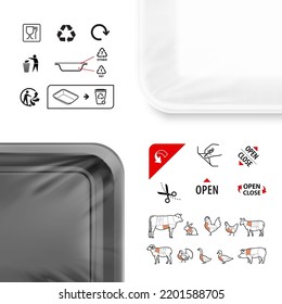 Tray container icons set. Vector illustration. Set for packs, shows the place of opening. EPS10.