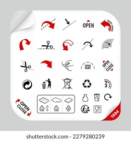 Tray container icons set. Vector illustration. Set for packs, shows the place of opening. EPS10.