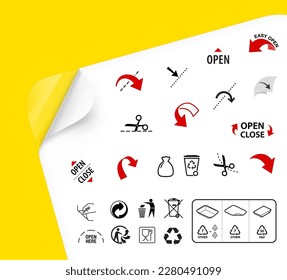 Tray container icons set. Vector illustration. Set for package, shows the place of opening. EPS10.