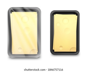 Tray Container Mockup With Slice Cheese. Vector Illustration Isolated On Transparent Background. EPS10	