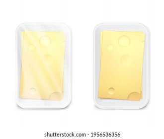 Tray Container Mockup With Slice Cheese. Vector Illustration Isolated On Transparent Background. EPS10	