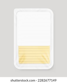 Tray container mockup with sliced cheese. Vector illustration isolated on white background. Ready for use in your design. EPS10.