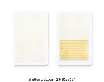 Tray container mockup with sliced cheese. Vector illustration isolated on white background. Ready for use in your design. EPS10.