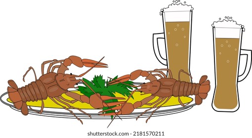 A tray of crayfish and two mugs of beer.A tray of crayfish and two mugs of beer.