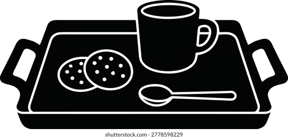 Tray with a cup of coffee, a spoon and two cookies icon in simple style isolated on white background. Breakfast symbol
