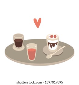 Tray with cups with drinks and desserts and heart symbol on white background. Flat design