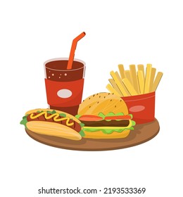 Tray with different fast food. Vector illustration.