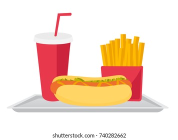 Tray with fast food consisting of hot dog, soda and french fries vector cartoon illustration isolated on white background.