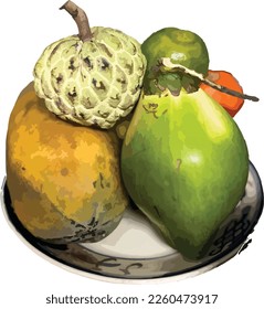 A tray of the five fruits required for worship on the eve and first day of the Lunar New Year. Papaya, coconut, custard apple, pineapple, mango, and figs are among them. Can add kumquats or tangerines