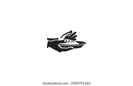 Tray of Food with catch hand Icon black Vector Logo Template Illustration Design