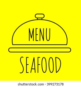 Tray food plate  dome cover or platter,  linear vector illustration, in modern thin line style, for restaurant and cafe business design