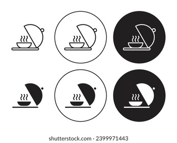 Conjunto de iconos de la bandeja del vector de alimento. El camarero sirve el símbolo de la bandeja de la cena. Restaurante, que sirve letrero de placa de cubierta adecuado para aplicaciones y diseños de interfaz de usuario de sitios web.