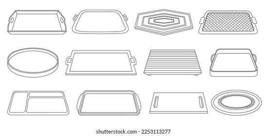 Tray for food vector outline icon set . Collection vector illustration tray for food on white ackground. Isolated outline illustration icon set of salver for web design.