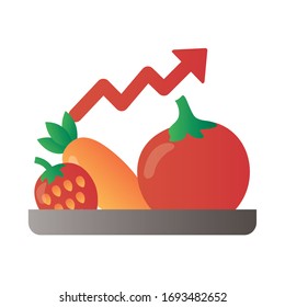 tray with fruits and vegetables price hike arrow up degradient style vector illustration design