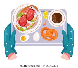 Tray full of food in hand arm concept. Vector flat graphic design illustration