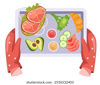 Tray full of food in hand arm concept. Vector flat graphic design illustration