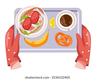 Bandeja cheia de comida no braço da mão conceito. Ilustração de design gráfico plano vetorial
