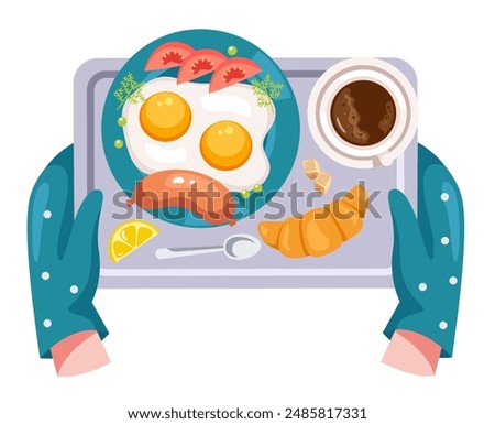Tray full of food in hand arm concept. Vector flat graphic design illustration