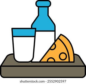 A tray with a glass of milk, a slice of cheese pizza, and a bottle of milk.