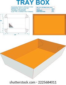 Tray Glue Box. Material: Ivory-250 gsm. Dimensions: 180 x 110 x 40 mm (Eps file scale 1:1). 2D: Real illustrations. 3D Box: Illustration only. Equipped die cut estimates prepared for production.