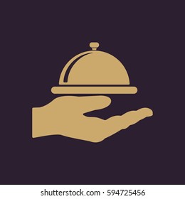 Tray in hand icon. Restaurant, service, banquet, lunch symbol. Flat design. Stock - Vector illustration