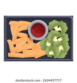 Tray is holding fried potatoes, broccoli and a small bowl of tomato sauce