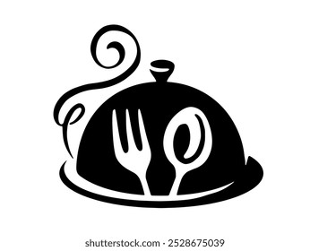 Tray with lid, fork and spoon symbol. Hot food sign simple for restaurant or diner menu