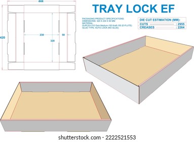 Tray Lock Box. Material: E Flute. Dimensions: 320 X 230 X 50 MM (Eps file scale 1:1). 2D: Real illustrations. 3D Box: Illustration only. Equipped die cut estimates prepared for production.