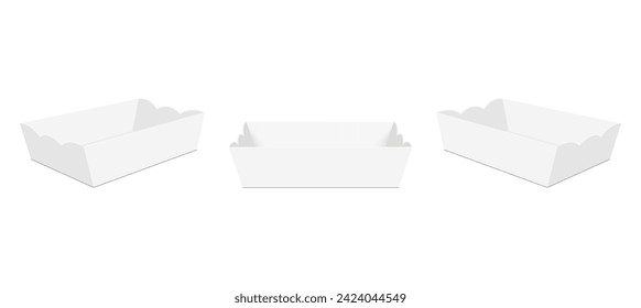 Tray Mockup, Empty Food Boxes, Front And Side View, Isolated On White Background. Vector Illustration