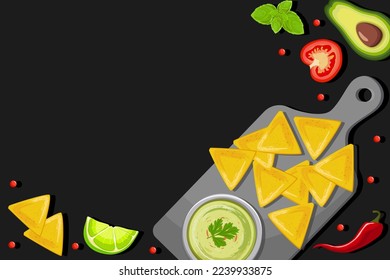 A tray with nachos chips and sauce in a bowl, Mexican cuisine with dressings. A table with triangular corn tortilla chips on a plate with guacamole and vegetables.