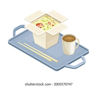 Tray with Noodle in Carton Box and Coffee from Food Court as Self-serve Dinner Isometric Vector Illustration