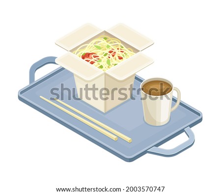Tray with Noodle in Carton Box and Coffee from Food Court as Self-serve Dinner Isometric Vector Illustration